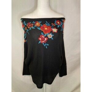 Umgee USA Embroidered Off Shoulder Shirt Womens Size Medium Black Boho Hippie